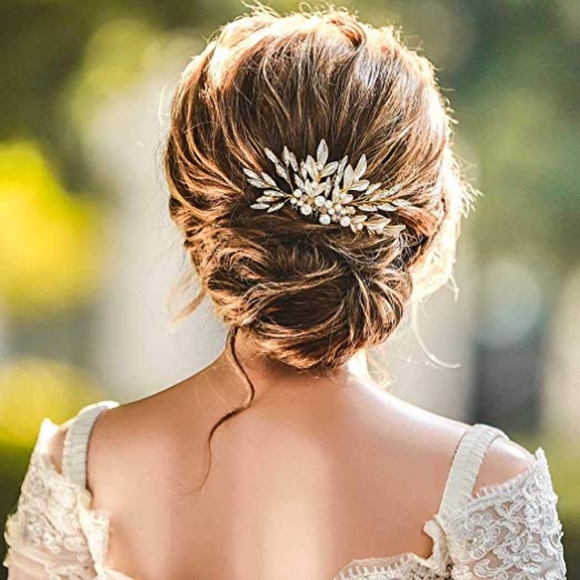Gold Rhinestone Pearl Glam Wedding Hair Comb - Picture 3 of 5